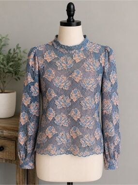 LOFT Lace Floral High-Neck Blouse - Blue & Peach